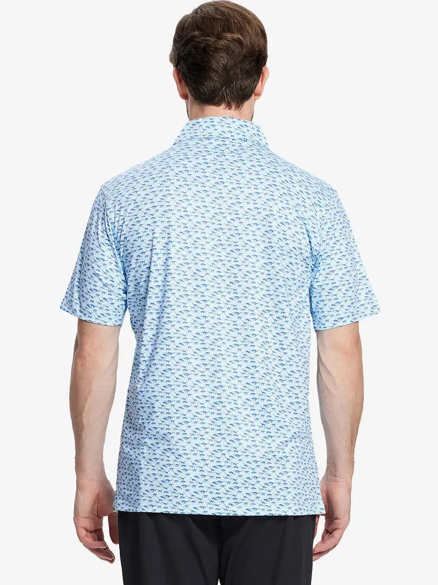 Back view of MAELREG Men's Performance Jersey Print Polo in Blue Dinosaur – athletic fit