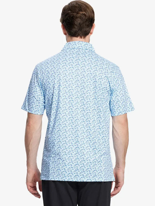Back view of MAELREG Men's Performance Jersey Print Polo in Blue Dinosaur – athletic fit
