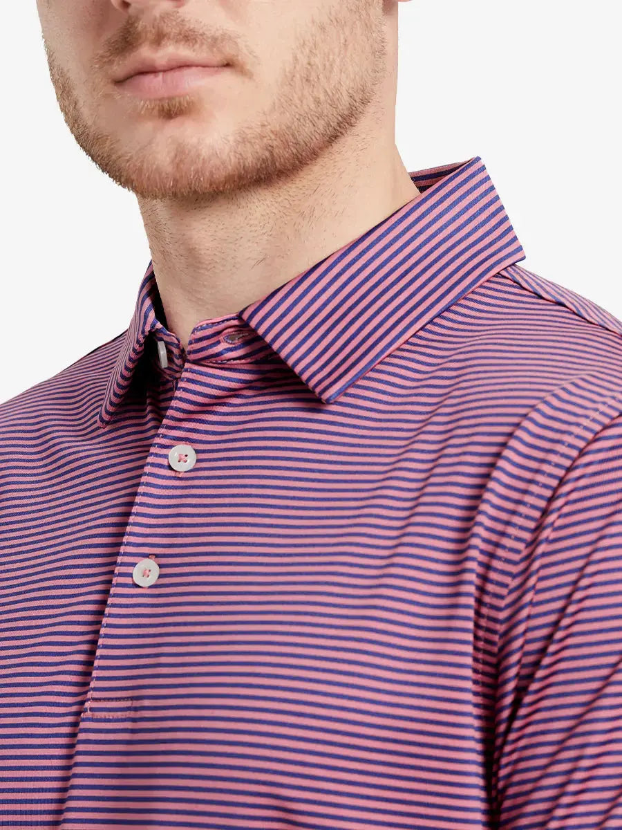 Close-up front view from nose to chest showing Cooling Stripe Golf Shirt in PINK BLUE STRIPE, breathable fabric