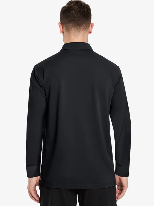 Back view of the black long sleeve pique polo, showcasing its sleek design and practical features.
