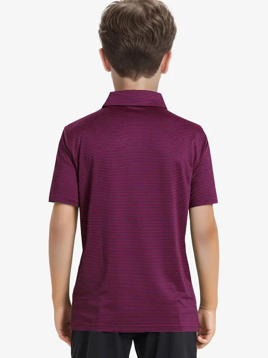 Back view of Youth Cooling Polo – half-body model in Maroon Stripe