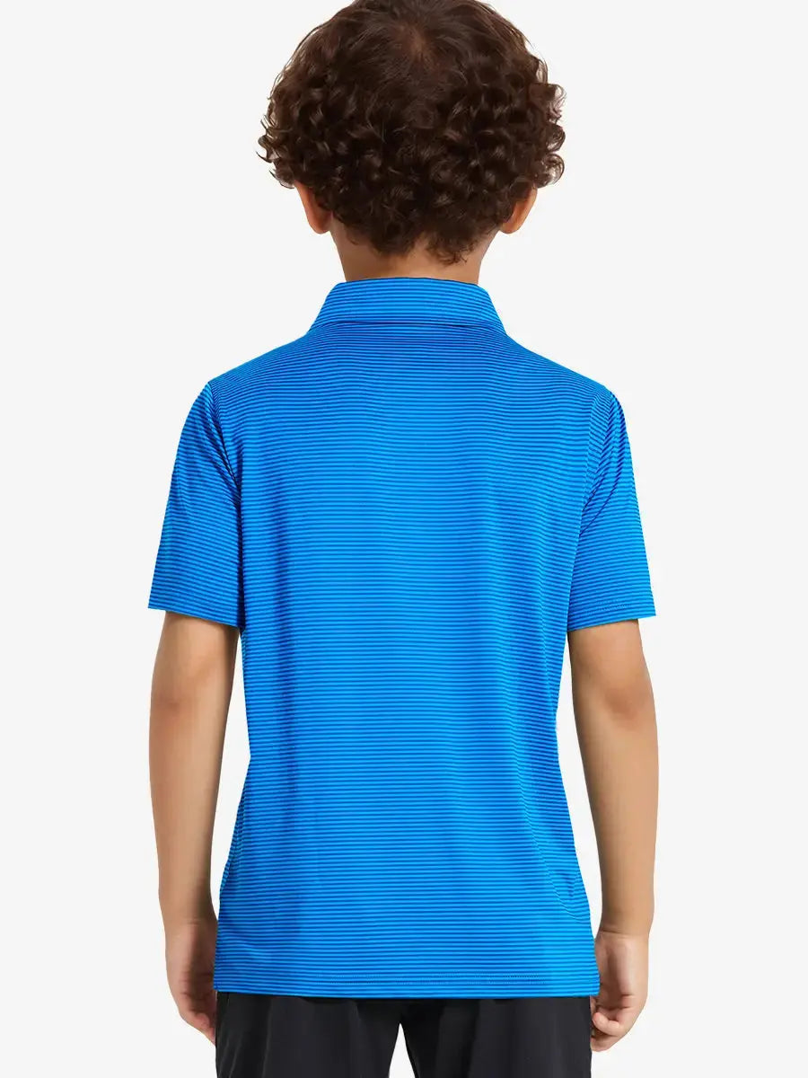 Back view of Youth Cooling Polo – half-body model in Cobalt Stripe