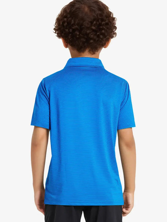 Back view of Youth Cooling Polo – half-body model in Cobalt Stripe