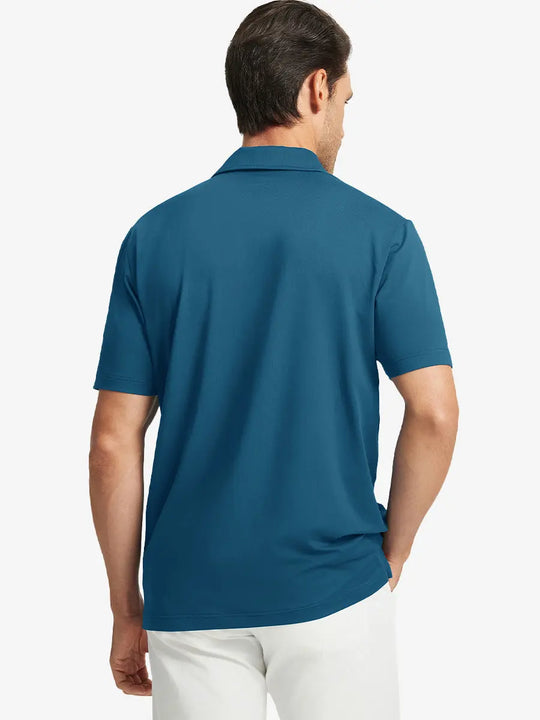 Back half-body view of model in BLUE Stylish Chest Print Snap Polo
