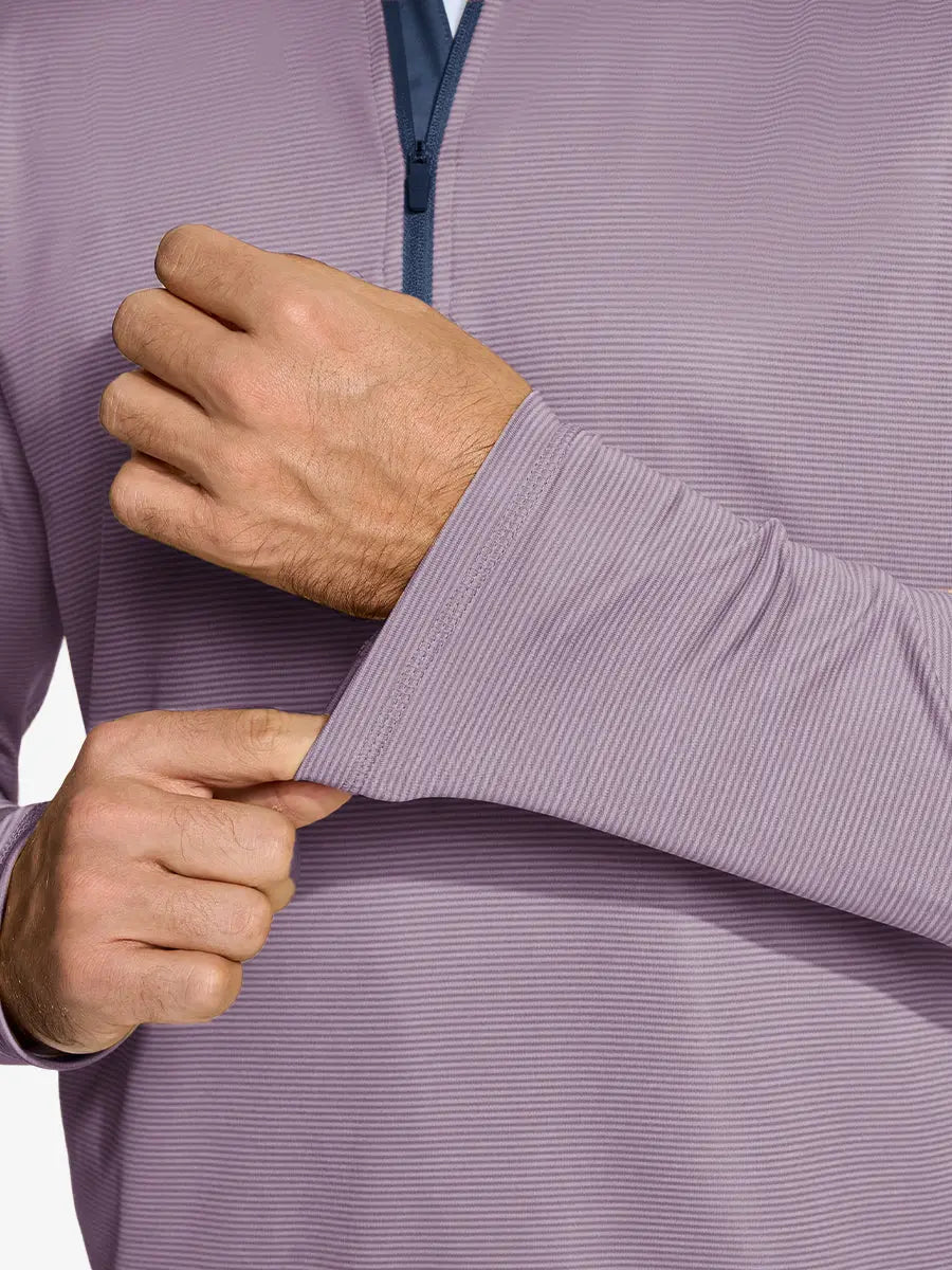 Close-up of cuff on Pinstripe Quarter Zip Pullover, showing stretch and construction – WISTFUL MAUVE MELANGE