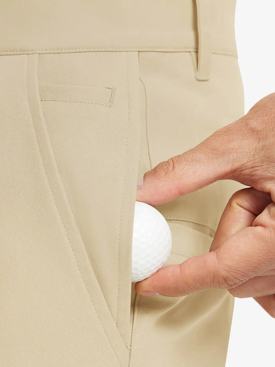 Close-up of front pocket on Water Repellent 8 Pockets Pants in LIGHT KHAKI，showing fabric texture and fit.，highlighting pocket design.