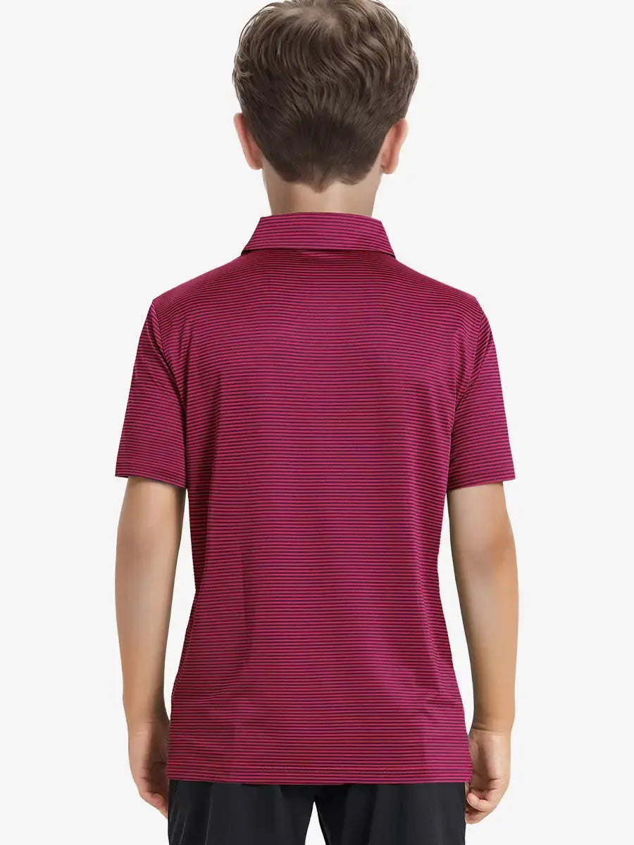 Back view of Youth Cooling Polo – half-body model in Red Stripe