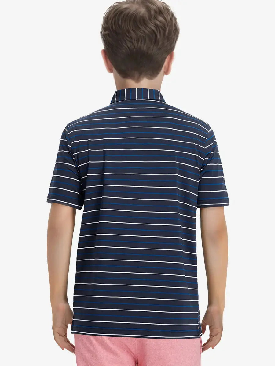 Back half-body view of child wearing NAVY STRIPE Kids Stylish Stripe Polo Shirt.
