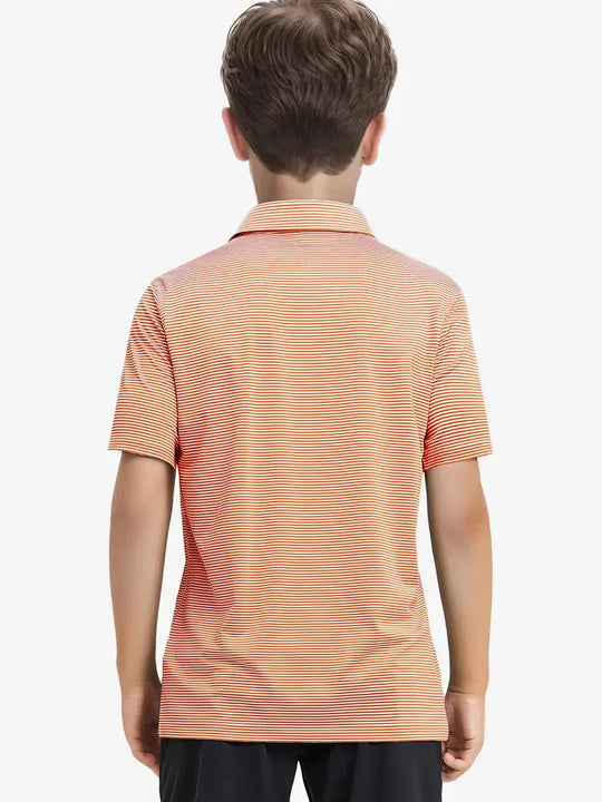 Back view of Youth Cooling Polo – half-body model in Orange Stripe