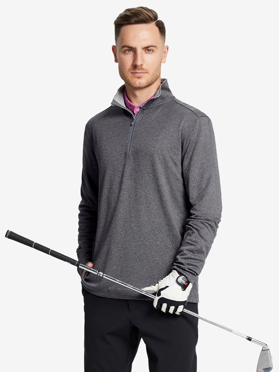 Back half-body view, model showcasing fit of BLACK MELANGE Moisture Wicking Quarter Zip Pullover.