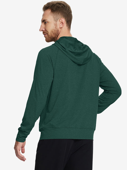 Back angle of the Turquoise Heather Quarter Zip Hoodie, model turns head slightly for a relaxed look.