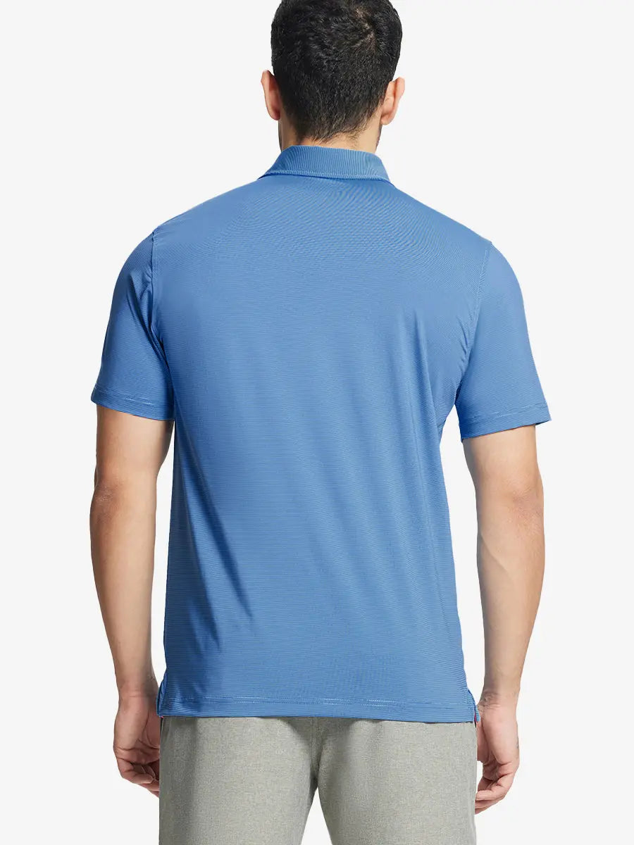 Back half-body view of AQUA STRIPE Pinstripe Jersey Performance Polo worn by model								
