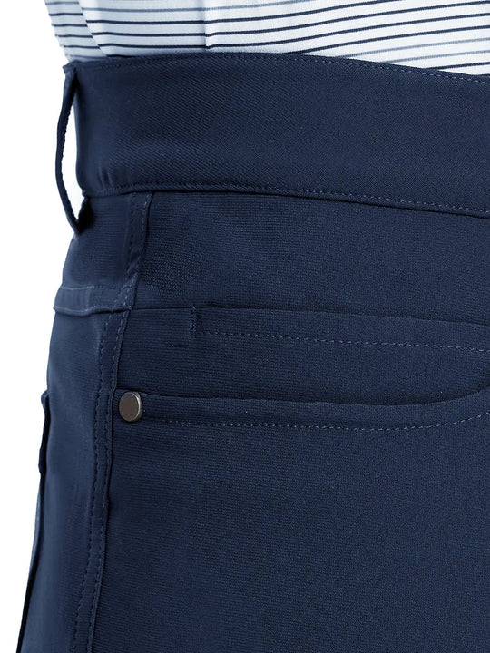 Close-up of right front pocket on Stretch Plain Everyday Pants, detailed stitching – NAVY
