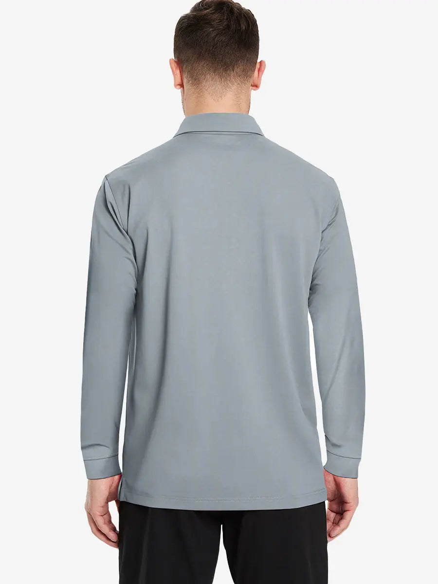 Back half-body view of model wearing LIGHT GREY Long Sleeve Solid Jersey Polo