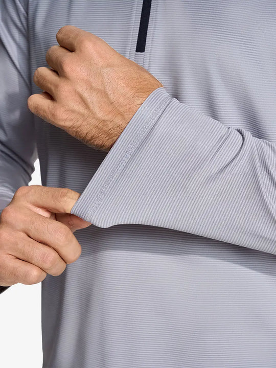 Close-up of cuff on Pinstripe Quarter Zip Pullover, showing stretch and construction – GREY MELANGE
