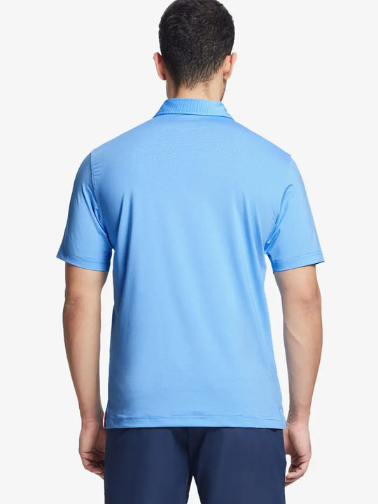 Back half-body view of SKY BLUE STRIPE Pinstripe Jersey Performance Polo worn by model								
