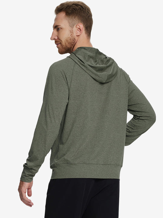 Back angle of the Olive Green Heather Quarter Zip Hoodie, model turns head slightly for a relaxed look.
