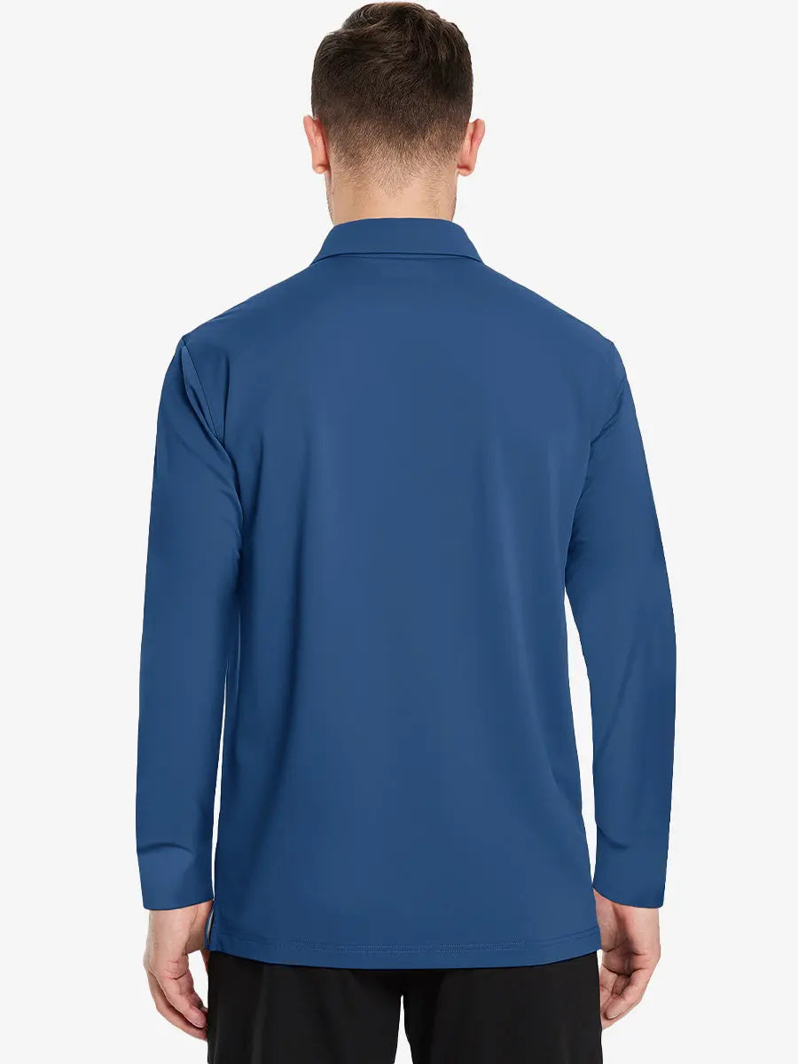 Back view of the blue long sleeve pique polo, emphasizing its vibrant color and sleek design.