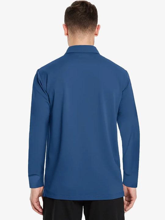 Back view of the blue long sleeve pique polo, emphasizing its vibrant color and sleek design.