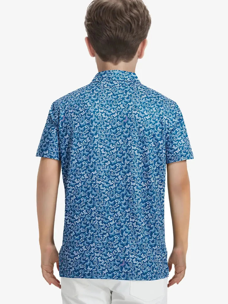 Back half-body view of polo with butterfly details and shoulder fit in focus