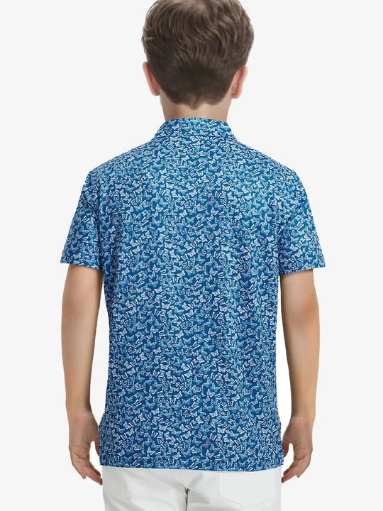 Back half-body view of polo with butterfly details and shoulder fit in focus