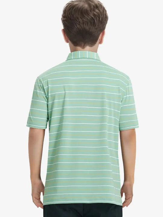 Back half-body view of child wearing LIGHT GREEN STRIPE Kids Stylish Stripe Polo Shirt.