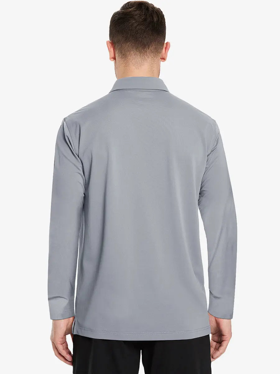 Back view of the light grey long sleeve pique polo, emphasizing its clean design and comfort.