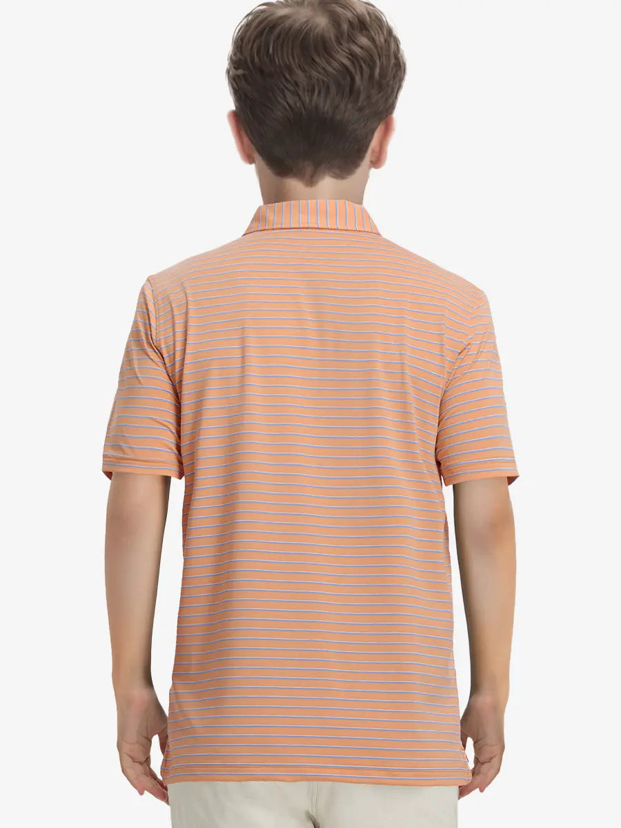 Back half-body view of model wearing ORANGE/SKY BLUE STRIPE Youth Performance Golf Polo.
