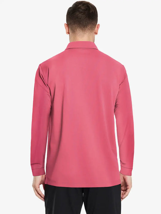 Back half-body view of model wearing CRANBERRY Long Sleeve Solid Jersey Polo
