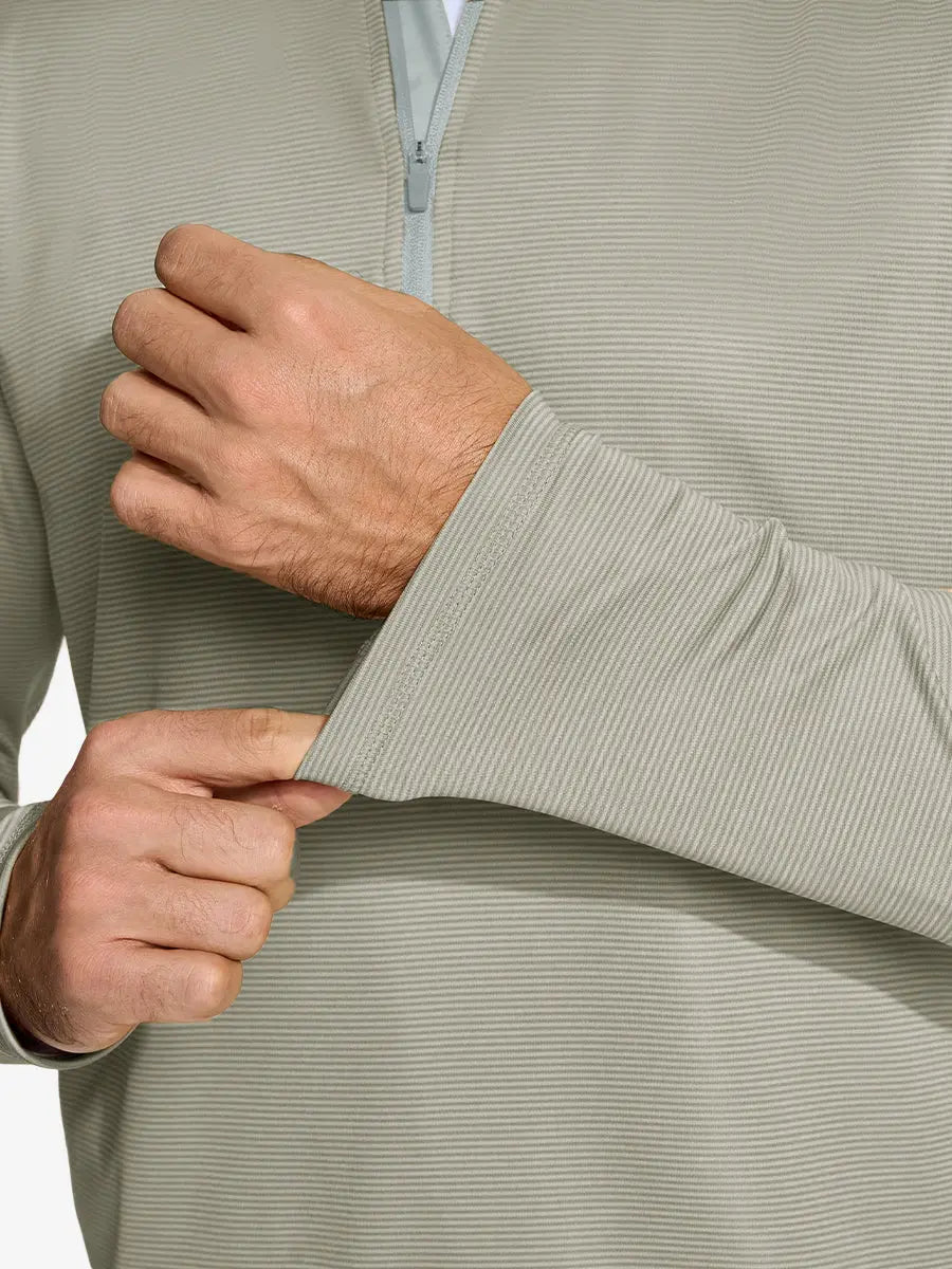 Close-up of cuff on Pinstripe Quarter Zip Pullover, showing stretch and construction – DARK KHAKI MELANGE