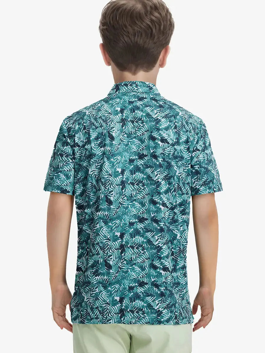 Back half-body view shows clean fit and dynamic leaf print in motion