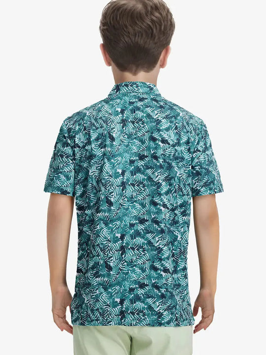 Back half-body view shows clean fit and dynamic leaf print in motion