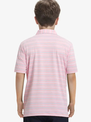 Back half-body view of child wearing LIGHT PINK STRIPE Kids Stylish Stripe Polo Shirt.