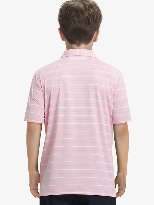 Back half-body view of child wearing LIGHT PINK STRIPE Kids Stylish Stripe Polo Shirt.