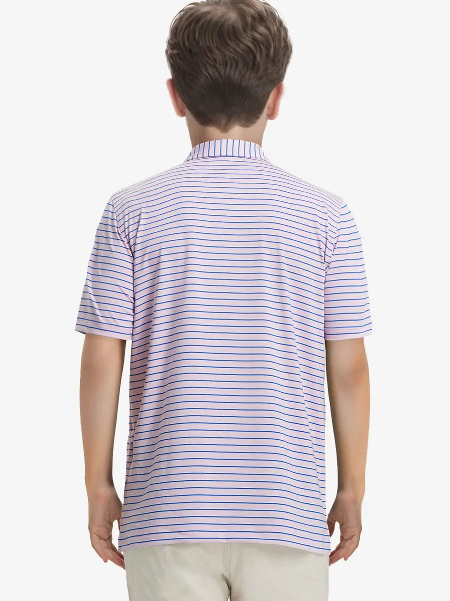 Back half-body view of model wearing LIGHT PINK/COBALT STRIPE Youth Performance Golf Polo.