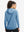 Back upper view of model in women's lightweight hoodies pullover, showing relaxed fit in misty blue.