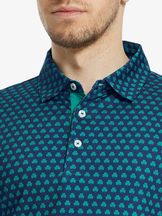 MAELREG Men's Performance Jersey Print Polo – Front chest view in Four Leaf Clover