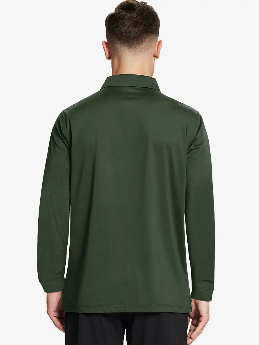 Back half-body view of model wearing OLIVE GREEN Long Sleeve Solid Jersey Polo