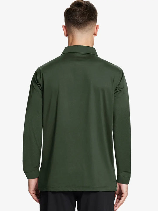 Back half-body view of model wearing OLIVE GREEN Long Sleeve Solid Jersey Polo