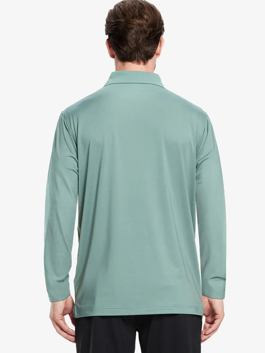 Back view of the beryl green long sleeve pique polo, highlighting its sleek design and comfort.