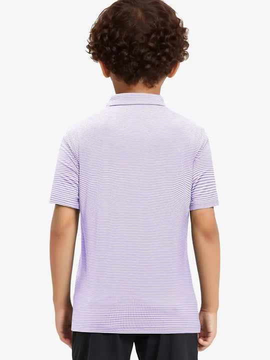 Back view of Youth Cooling Polo – half-body model in Lavender White Stripe
