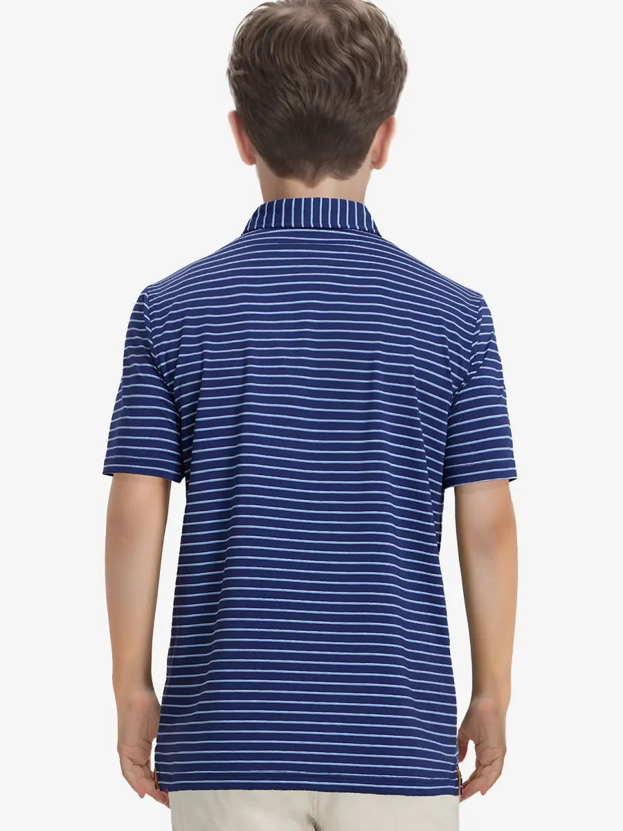 Back half-body view of model wearing NAVY/SKY BLUE STRIPE Youth Performance Golf Polo.