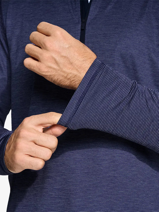 Close-up of cuff on Pinstripe Quarter Zip Pullover, showing stretch and construction – NAVY MELANGE