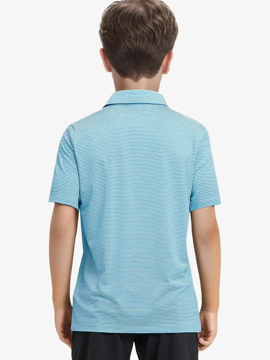 Back view of Youth Cooling Polo – half-body model in Sky Blue Stripe