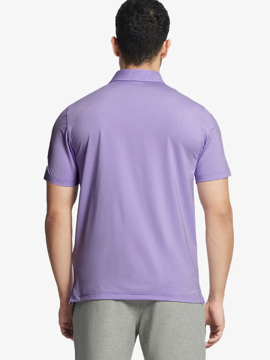 Back half-body view of LAVENDER WHITE STRIPE Pinstripe Jersey Performance Polo worn by model								
