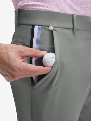Detail view of front pocket on gray blue breathable casual slacks with 4 pockets