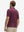 Back half-body view of model wearing the  burgundy geometric 4 way stretch print collared polo shirt, highlighting the rear silhouette