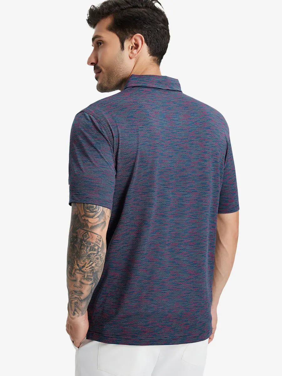 Back half-body view of model in SPACE DYE STRIPE Performance Yarn Dye Striped Polo