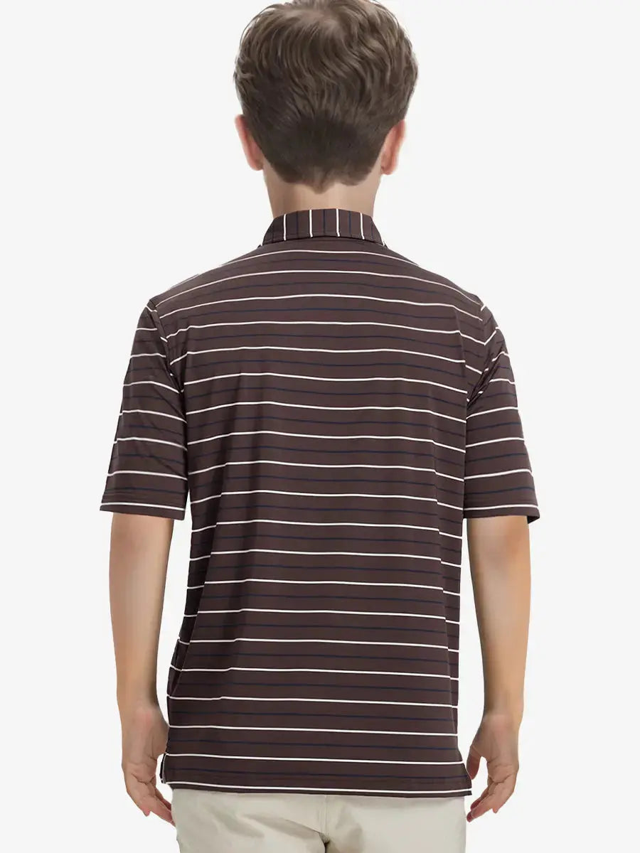 Back half-body view of child wearing BROWN STRIPE Kids Stylish Stripe Polo Shirt.