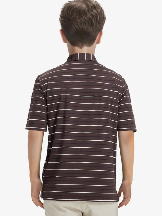 Back half-body view of child wearing BROWN STRIPE Kids Stylish Stripe Polo Shirt.